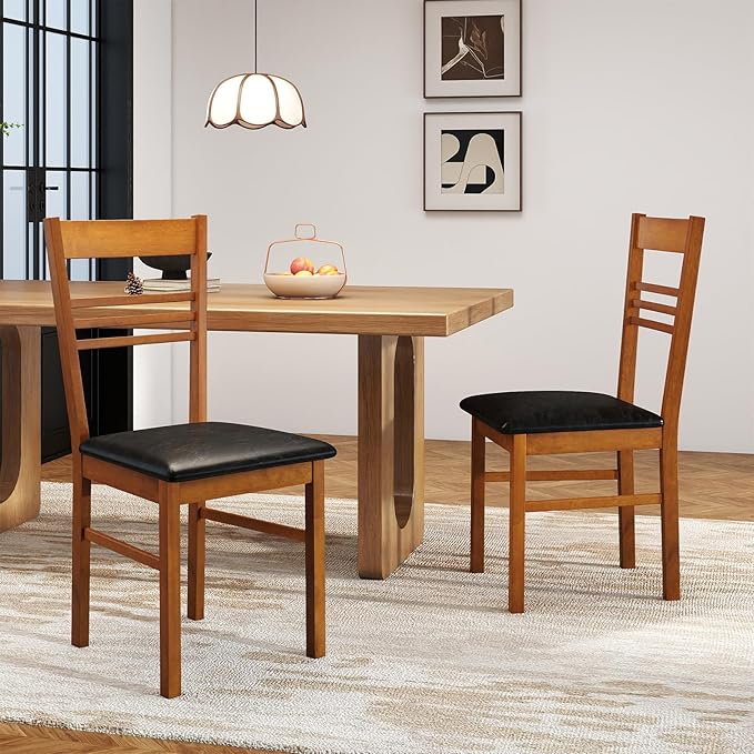 Giantex Wooden Dining Chairs Set of 2, Armless Kitchen Chairs w/Slat Backrest, Upholstered PU Seat, Rubber Wood Frame, Modern Dinette Furniture Set for Dining Room, Living Room