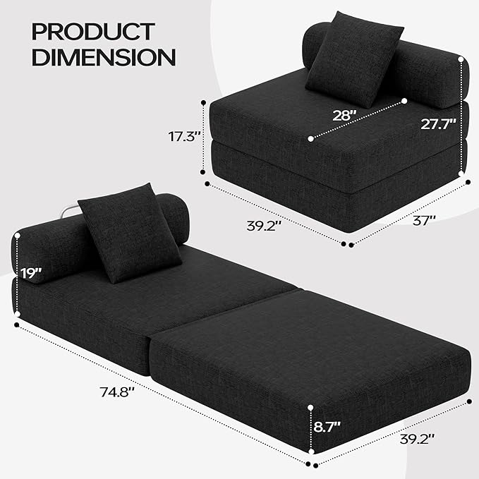 DURASPACE 39.2'' Folding Sofa Bed, Floor Foldable Futon with Memory Foam, Convertible Sleeper Chair with Back Support for Living Room (Chenille Black)