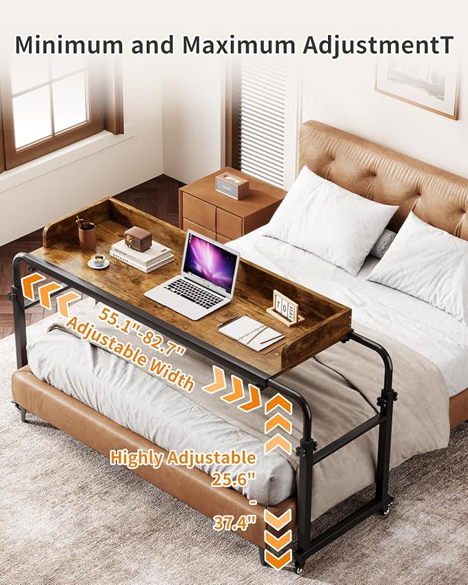 Saifu Overbed Table with Wheels,Adjustable Height & Length Laptop Desk for Bed,King & Queen Size Beds Bed Table,Rolling Standing Desk,Over Bed Table for Working Reading Eating,Brown