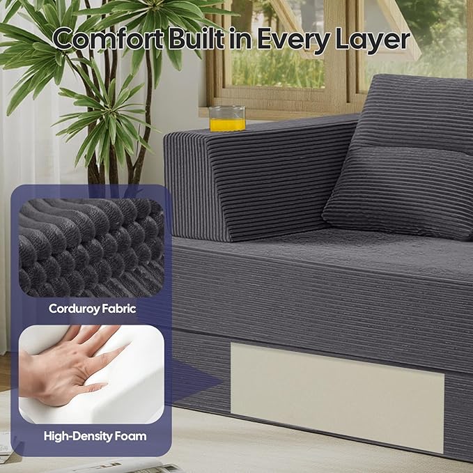 COMAX Futon Sofa Bed Queen, 79" Convertible Sofa Bed Couches for Living Room, 4 in 1 Folding Boneless Sleeper Corduroy Couch Loveseat Foam in a Box, Comfy Foldable Lounge Fold Out Floor Mattress Grey