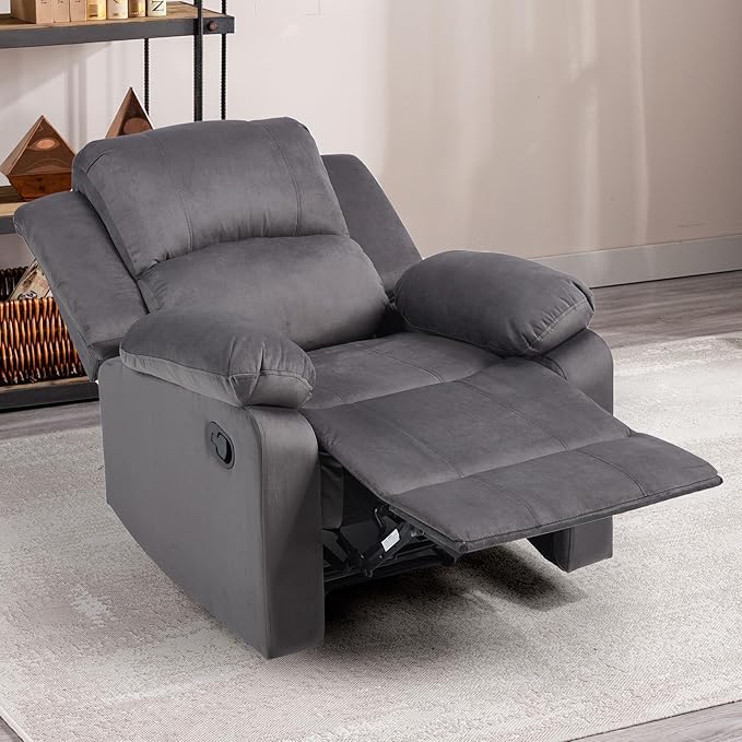 CANMOV Manual Recliner Chair, Soft Fabric Overstuffed Recliner Single Sofa Chair for Living Room Bedroom, Heavy Duty and Safety Reclining Mechanism, Dark Grey