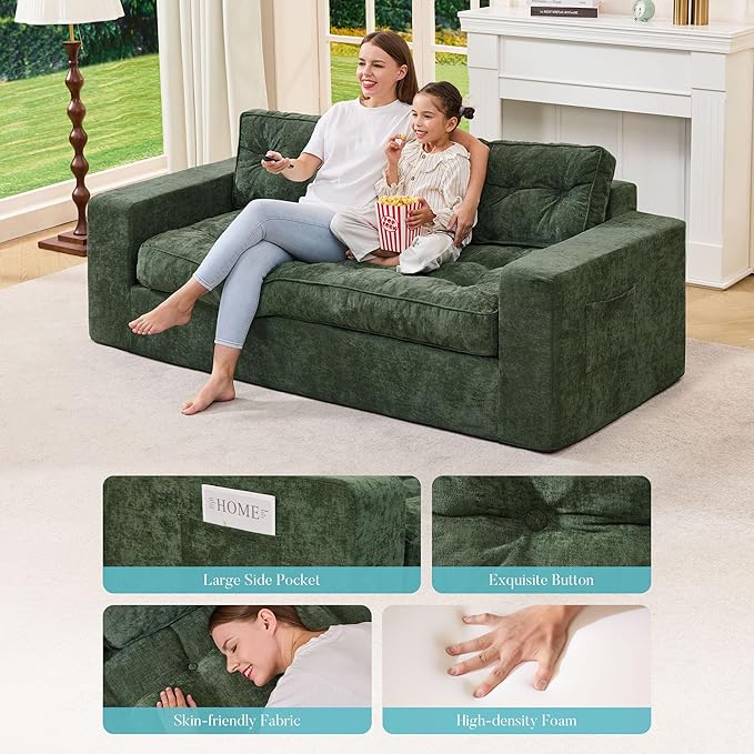 Hobestluk 3-Seater Sofa Boneless Couch with Tufted Button Design 2 in 1 Comfy Cloud Couch Oversized Sofa for Living Room Bedroom Apartment or Office (Green, 3 Seater)