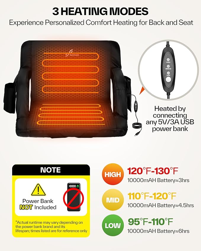 Sportneer Heated Stadium Seats for Bleachers: 3 Heated Modes 6 Reclining Positions Stadium Seats with Back Support for Sport Events Camping Parks Concerts
