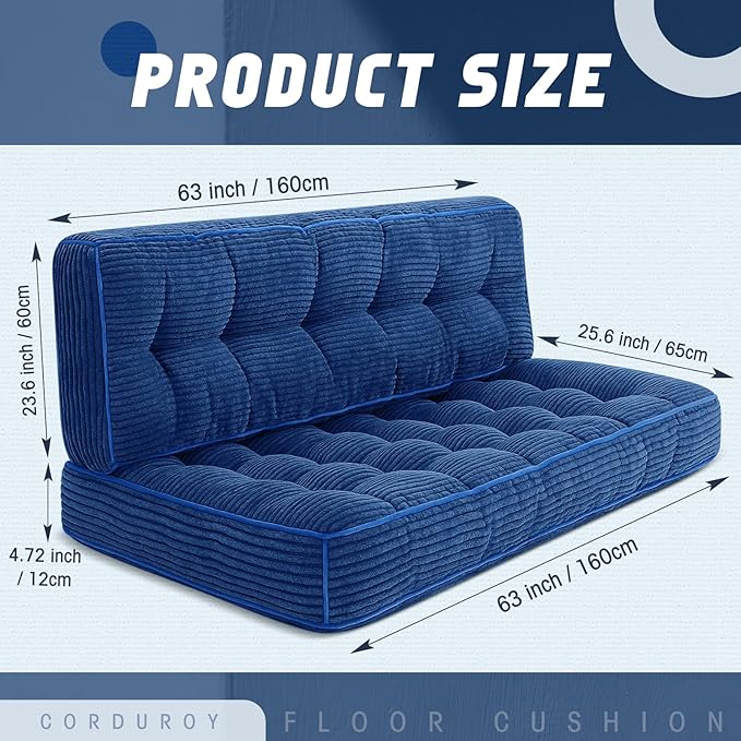 Vercraft 63 Inch Folding Bench Cushion, 4 Inch Thick 2-in-1 Convertible Long Floor Lounger Boneless Cushions Couch Mattress Upholstered for Yoga, Reading, Sleeping, Meditation Living Room(Navy)