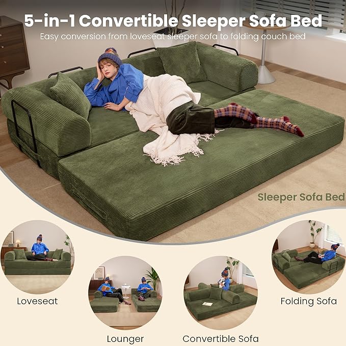 79" Convertible Sofa Bed, Boneless Corduroy Sleeper Foldable Modular Couch, Memory Foam Compressed Sofa in A Box,Folding Mattress Floor Couch for Small Space Living Room Apartment Bedroom,Light Green