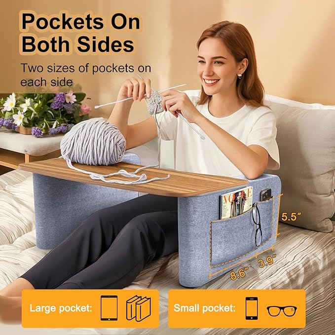 Lap Desk Pillow with Wooden Top, Large Reading Pillow for Bed, Laptop Desk for Couch, Gray