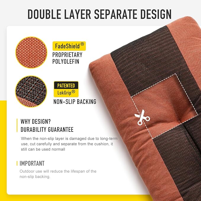 SUNROX LokGrip Non Slip Tufted Memory Foam Bench Cushion, FadeShield Water Resistant Durable Thicken Outdoor/Indoor Bench Seat Pads 42x16x4 inch, Terracotta