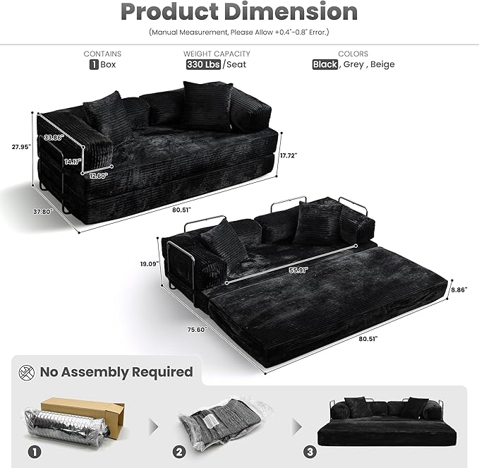 ovios 81" Folding Sofa Bed, Foldable Sleeper Boneless Couch with Pull Out Beds, Modular Convertible Floor Futon Loveseat Lounger for Living Room (Corduroy, Black)