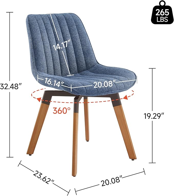 Art Leon Dining Chairs Set of 4, Mid Century Modern Swivel Dining Room Chairs, Fabric Upholstered Armless Side Chairs with Wood Legs for Kitchen Living Room Bedroom, Blue