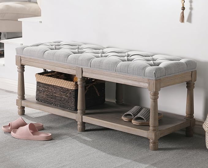 Farmhouse Storage Bench Wooden Entryway Upholstered Tufted Ottoman Bench for Bedroom End of Bed Hallway Organizer, Grey