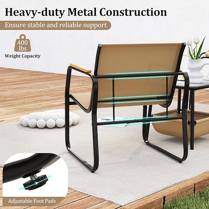 Tangkula 3 Pieces Patio Furniture Set, Outdoor Bistro Conversation Set with Breathable Mesh Fabric and Metal Frame, Front Porch Table and Chairs Set for Balcony, Garden, Lawn and Backyard (Brown)
