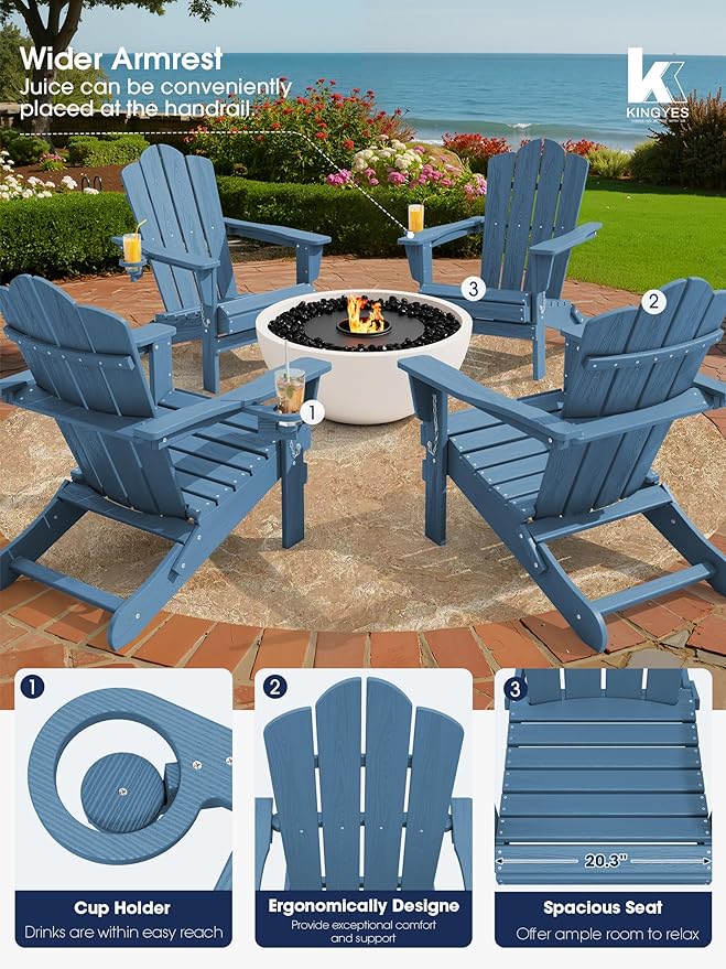 KINGYES Folding Adirondack Chair Set of 2, HDPE All-Weather Patio Chairs with Cup Holder, Wooden Textured Fire Pit Chairs for Poolside, Backyard, Deck, Navy