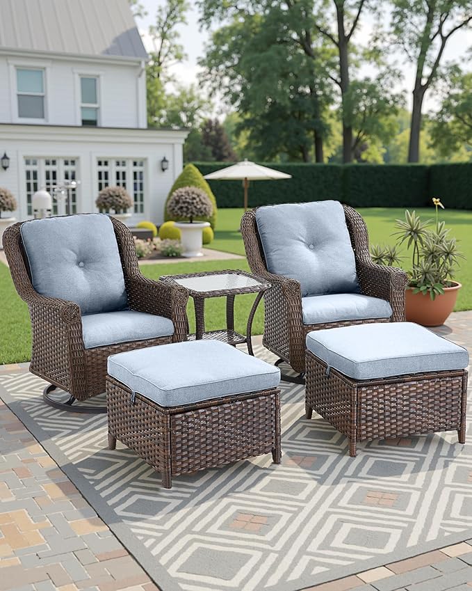ACTREST 3 Piece Patio Swivel Chairs and Side Table Set - High Back Outdoor Brown Wicker Rattan Rocking Glider with Thick Cushions for Porch Apartment Deck Yard Poolside Garden - Baby Blue