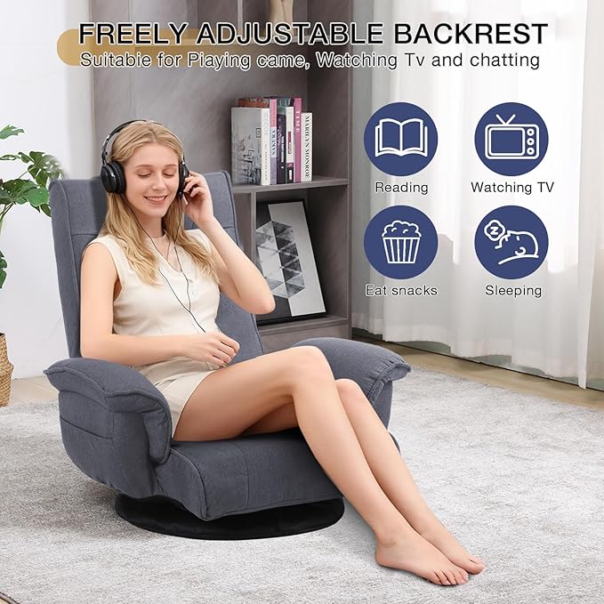 Linen Fabric Ergonomic Gaming Chair, 6-Position Reclining Sofa Bed with Lumbar Support, Foldable Floor Lounger with Thick Cushion, Armrests & Side Pockets for Esports, Reading, Napping (Grey)