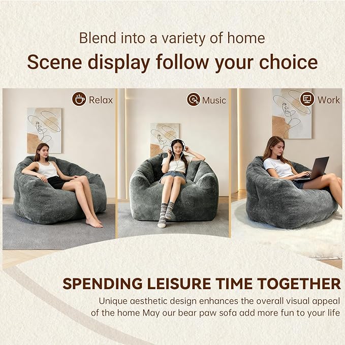 Giant Bean Bag Chair for Adults and Kids Oversized Faux Fur Shell-Shaped BonelessBeanBag Couch Filler with Memory FoamStuffed Big Accent Sofa for Living Room, Bedroom & Dorm (Dark Grey)