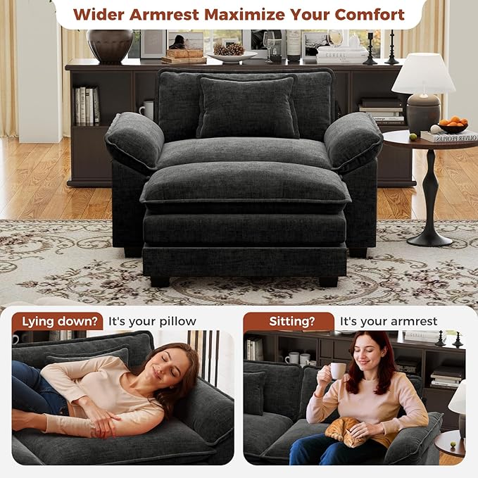 CDCASA 50'' Oversized Chair with Movable Ottoman, Chenille Comfy Cloud Sofa Accent Chair w/Large Seat and Armrests, Modern Extra Wide Armchair Reading Chairs for Living Room, DIY Combination, Black
