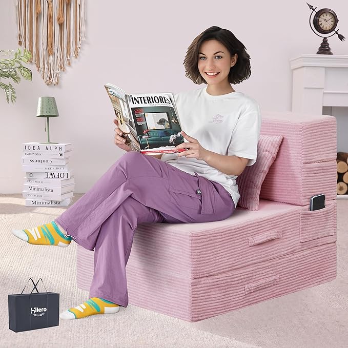 HILERO Folding Sofa Bed, 4 in 1 Convertible Sleeper Chair with Pillow, Single Memory Foam Fold Out Chair Bed, Modern Floor Futon Sofa Couch Mattress for Living Room/Guest/Apartment, Pink