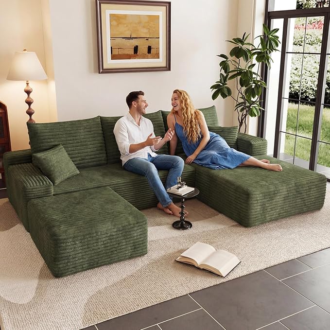 95" U-Shape Cloud Couch, Modern Modular Sectional L-Shape Sofa with Ottoman, Corduroy Upholstered Couches Deep Seat Sleeper Chaise Longue for Living Room, No Assembly Required(Green, Right Facing)