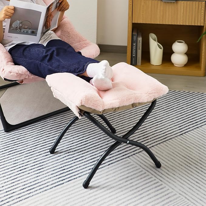 Mordchil HF 15"(H) Folding Ottoman, Foldable Footrest Stool, Portable Small Foot Stool for Couch, Collapsible Foot Rest Ottoman for Sofa, Accent Padded Ottomans for Living Room, Bedroom, Pink