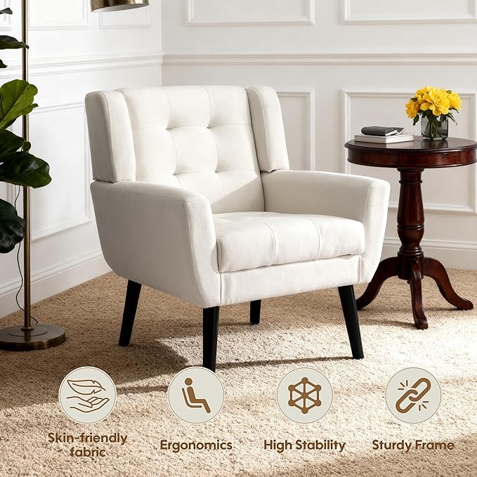 OO BY ORANGE ONLINE Set of 2 Linen Accent Chair, Mid-Century Modern Tufted Armchair for Living Room, Bedroom & Office (Beige)