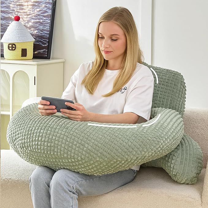 PAJEO Reading Pillow for Bed,U Shaped & Back Support Pillow for Bed,17" Backrest with Lumbar & Arm Support,Comfy Flannel Fabric,Lap Pillow for Gaming/Reading/Watching TV,Green