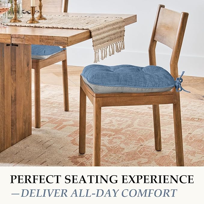 HARBOREST Chair Cushions for Dining Chairs Set of 4 - Chenille Tufted Kitchen Chair Cushions with Ties and Non-Slip Bottom, Foam Chair Pads for Dining Chairs, 17" x 17", Blue