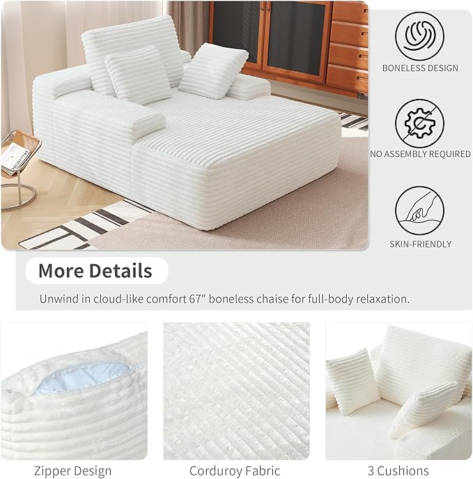 WJShome Oversized Chaise Lounge Chair Indoor, Plush Corduroy Boneless Sofa Bed, Cloud Reading Chair with Throw Pillow for Living Room (White)