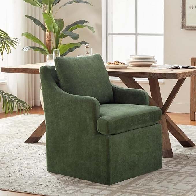 VKNOW Upholstered Dining Chairs Set of 2, Modern Kitchen Chairs Dining Room Chairs with 4 Casters, Linen Armchair for Bedroom Reading Room Living Room, Green