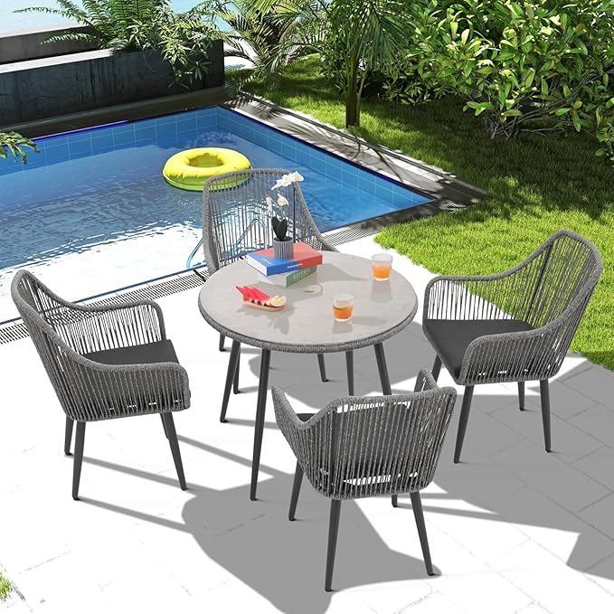 Patiorama Outdoor Dining Chairs, Patio Dining Chair Set of 2, All-Weather Woven Rope Rattan Chairs, Outdoor Dining Wicker Chairs with Armrests for Indoor Balcony Pool Backyard(Gray)