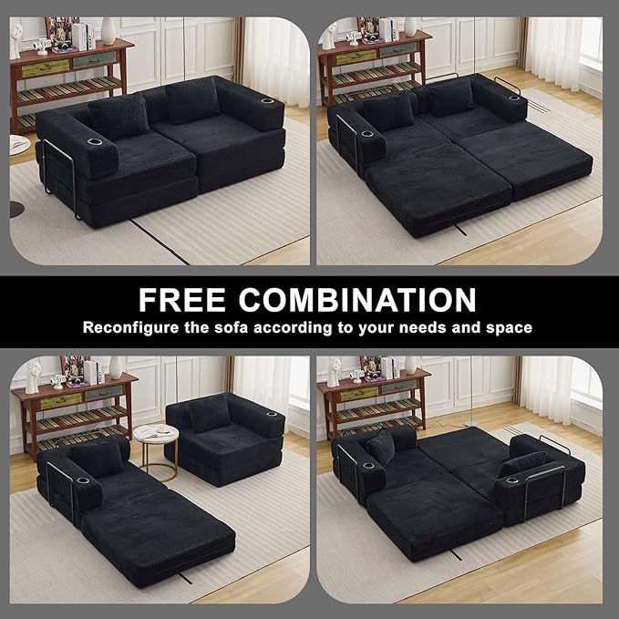 78" Loveseat Sleeper Sofa, 4 in 1 Convertible Floor Sofa Bed, Boneless Cloud Couch with Cup Holder, Fold Out Floor Couch for Living Room Bedroom Lounge, Corduroy, Black