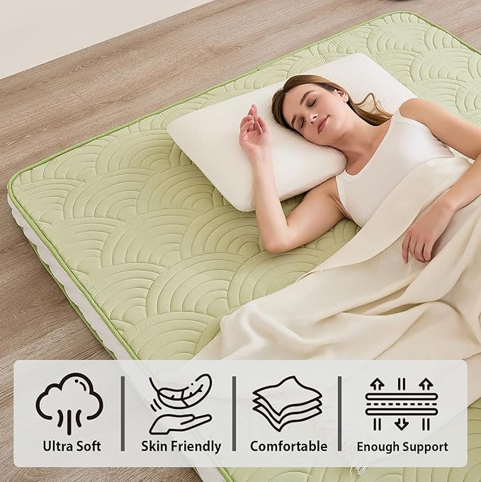Zelladorra Japanese Floor Mattress, Quilted Futon Mattress with Anti-Slip Bottom, Foldable Floor Bed with Storage Bag and Straps, (Green, Twin)