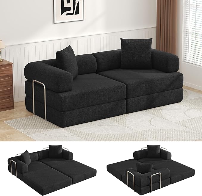 DURASPACE 78'' Folding Convertible Sofa Bed Boneless Foam Sectional Couches with Fixed-Shape Frame, Modular Floor Sleeper Sofa for Living Room (Chenille Black)