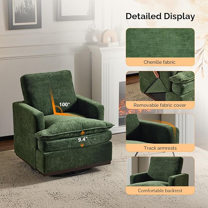 VINGLI 360° Swivel Mid-Century Modern Accent Armchair with Double-Layer Seat Cushions, Comfy Single Square Sofa, Upholstered Club Chair for Living Room,Bedroom, Reading Room, Chenille Green