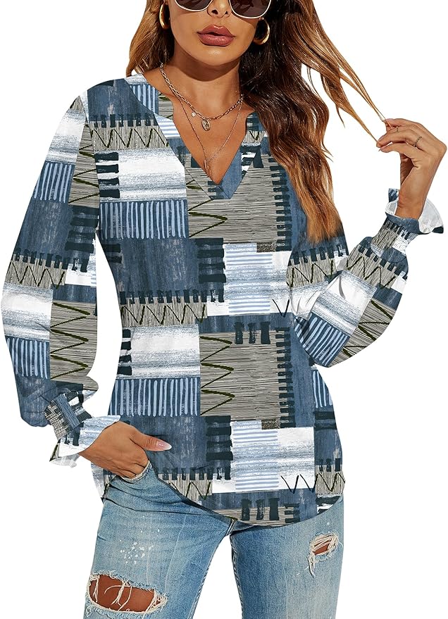 Romanstii Women's Casual V-Neck T-Shirts Loose Puff Long Sleeve Tops Tunic Blouses