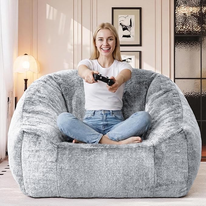 Bean Bag Chairs for Adults, Giant Beanbag Sofa Comfy Reading Chair, Oversized Bean Bag Chairs for Living Room Bedroom, Soft Faux Fur Fabric, 3.2FT, Dark Grey, Plush