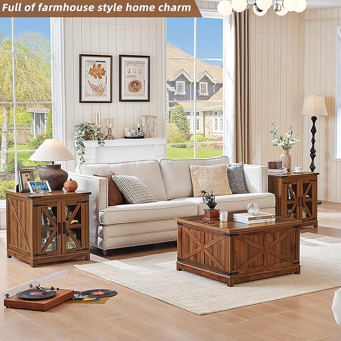 Joaxswe Farmhouse Coffee Table Set, 3 Pieces: Large End Side Tables with Charging Station and Coffee Table with Hidden Storage Compartment, Brown Wood Furniture Sets for Home Office