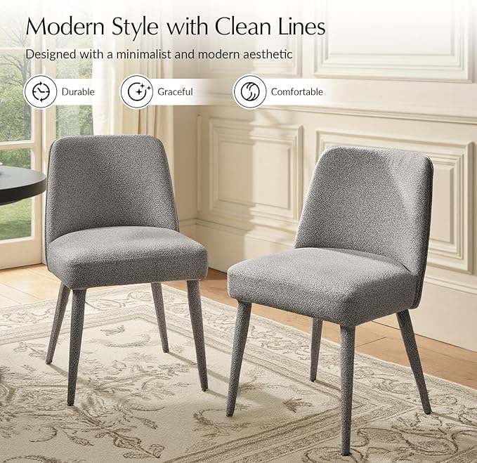 HULALA HOME Modern Dining Chairs Set of 2，Gray Fully Chenille Upholstered Dining Room Chairs Set with Foot Peg, Solid Wood Frame, Armless Kitchen Accent Chairs for Living Room Bedroom Reception