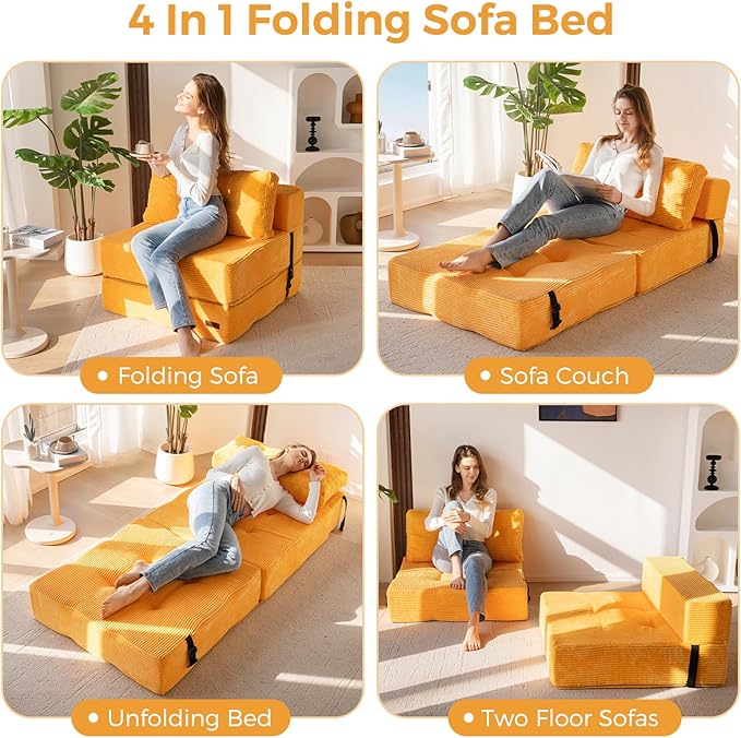 MAXYOYO Folding Sofa Bed, Convertible Sofa Bed with High-Density Support Foam, Portable 4 in 1 Fold Out Chair to Floor Lounger, Versatile Floor Couch for Living Room Bedroom, Orange