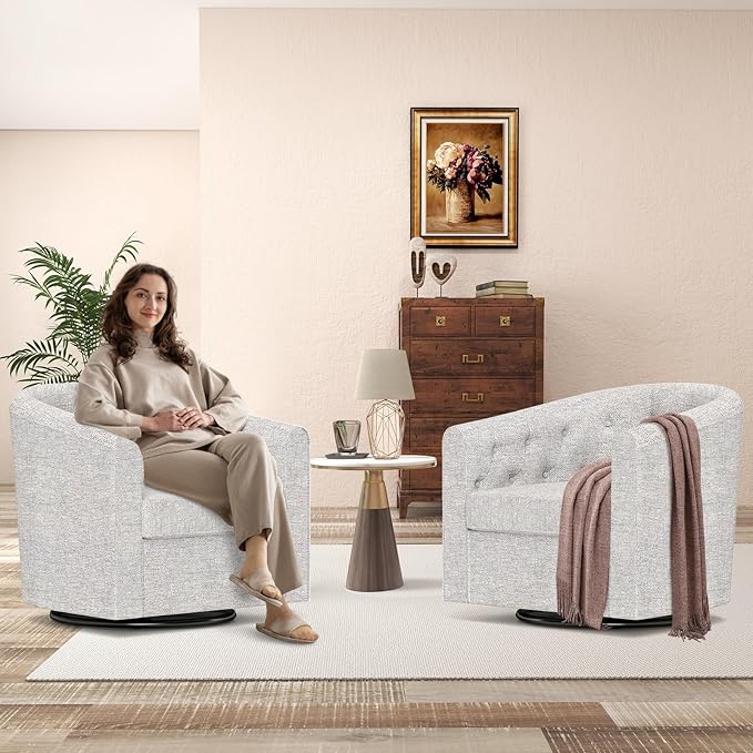 Simore Swivel Barrel Accent Chair Set of 2, Comfy Fabric Round Swivel Cuddle Chair for Nursery Living Room Bedroom Office, Light Gray