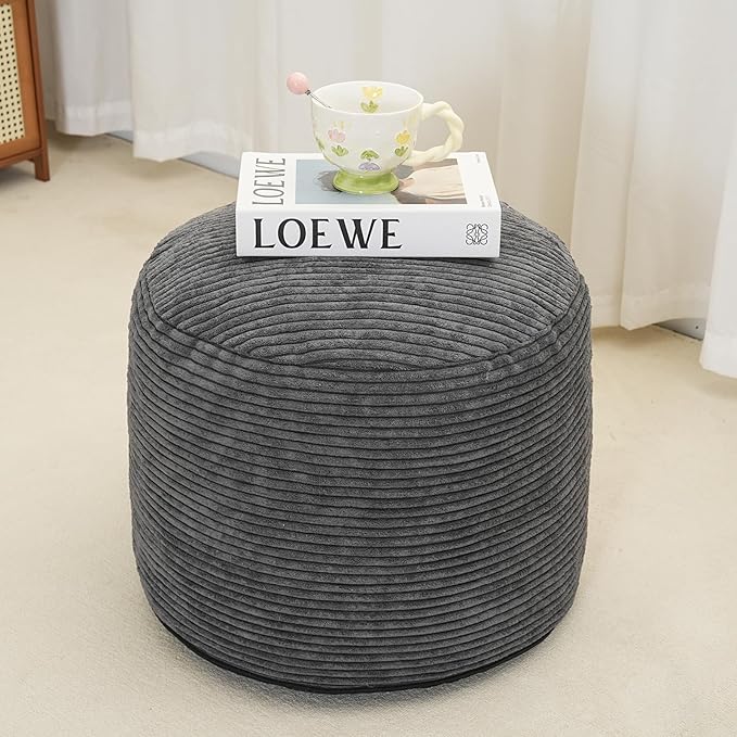 Yueyocici Pouf Ottoman Stuffed Round Modern Foam Filled Foot Rest Corduroy Poufs for Living Room Chair Decorative 20 X 15 Inches Fluffy Pouf Foot Stool Storage Ottoman, Dark Grey