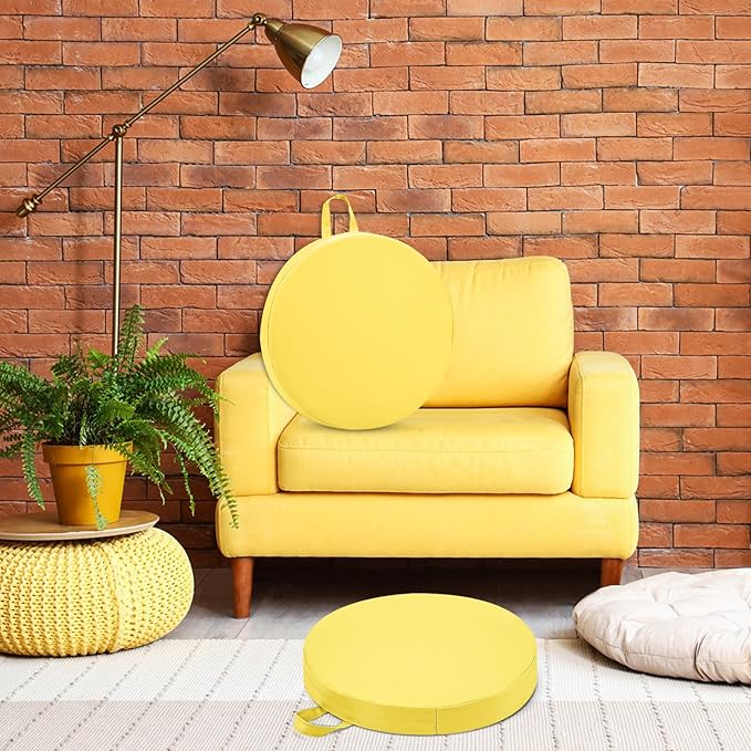 Sawysine 2 Pcs 14 Inch Floor Cushions with Handle, Flexible Round Floor Seating Pillows for Home School Classroom Kindergarten Daycare Nursery, 2 Inch Thick (Yellow)