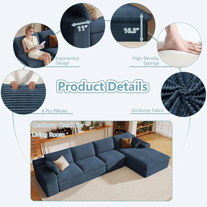 136" Cloud Sectional Couch with L-Shape Chaise, Modern Corduroy Viral Boneless Sofa for Living Room,Memory Foam Couches in a Box with Deep Seat,No Assembly Required (Blue,Right-Facing Chaise)