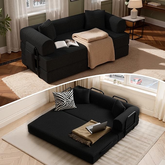 Convertible Corduroy Sleeper Sofa Bed with Cylindrical Pillow, Folding Mattress Couch with Fixed-Shape Frame, Floor Sofa Lounge Couch for Living Room Bedroom Lounge Studio, Black