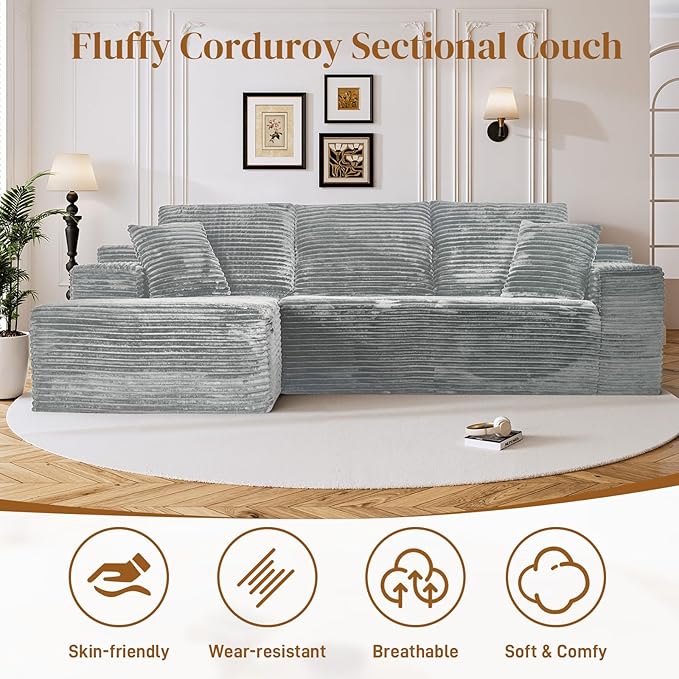 108" Boneless Cloud Sectional Couches for Living Room, Comfy Fluffy L Shaped Memory Foam Deep Seat Boneless Couch, Modular Sectional Sofa with Left Facing Chaise, Grey