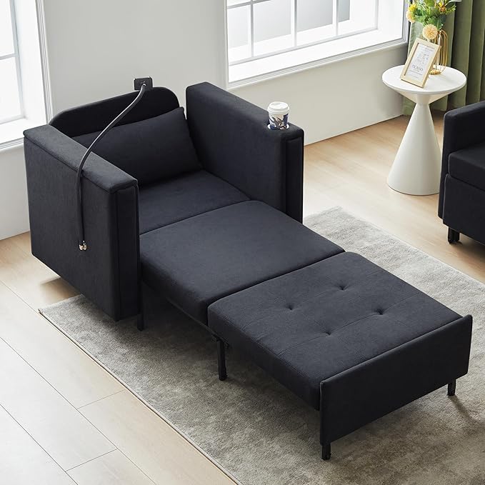ORRD Pull Out Sofa Chair Bed, 2-in-1 Multi-Functional Sleeper Couch Small Loveseat Bed with Hidden Side Table, Phone Holder and Cup Holder for Living Room, Small Space, Apartment (Black)