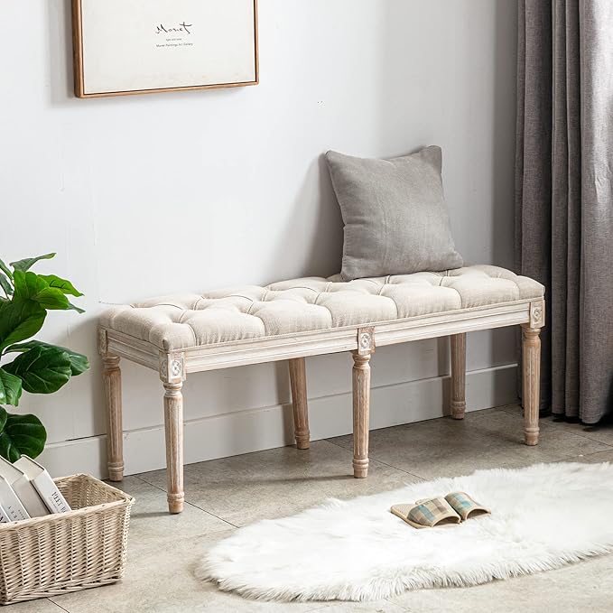 DM Furniture Tufted Dining Bench French Vintage Fabric Upholstered Wood Dining Room Bench Rustic Entryway Bench Bedroom End Bed Bench, Beige 48" Long
