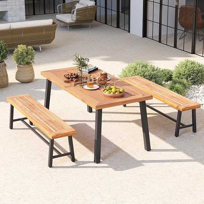 RELAX4LIFE 63’’ Outdoor Bench Acacia Wood - 3-Person Backless Patio Benches with Heavy Duty Metal Frame, Wooden Picnic Dining Garden Bench for Outside Backyard Park Porch, 800 LBS Weight Capacity (1)