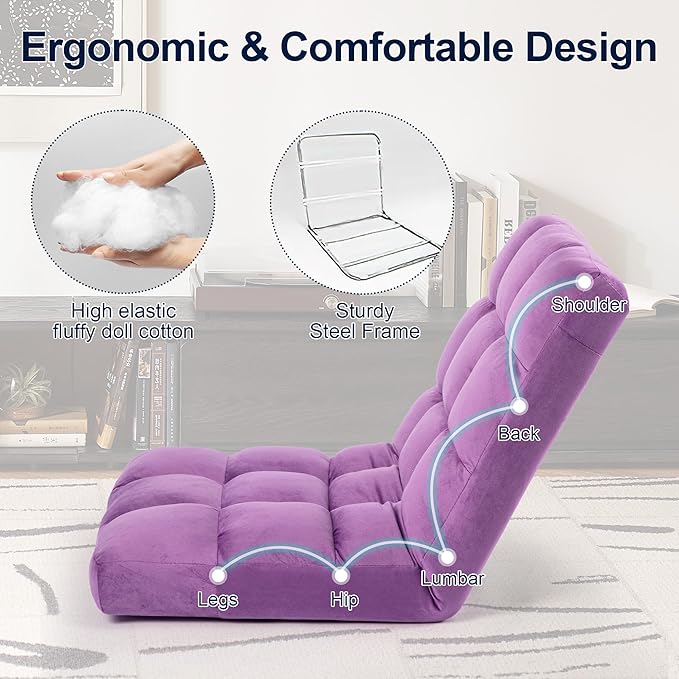 Floor Chair, 24 inches Wide Oversized Velvet Armless Lay Flat Floor seat Padded Meditation Chair with 6 Adjustable Position Ergonomic Comfortable Convenient(LRSF-009-PURPLE)