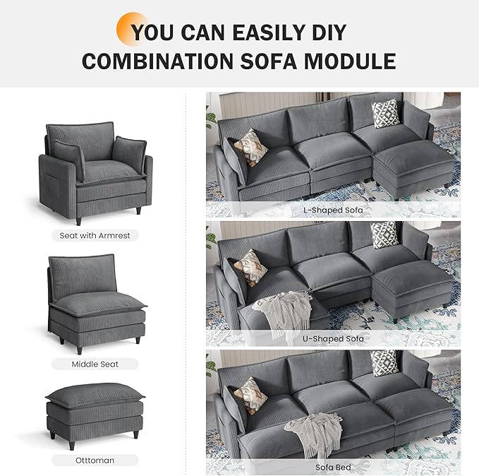 Apicizon 143" Cloud Sofa Sectional, Modern Corduroy Cloud Sofa Set with Side Storage Pocket, Comfy Convertible Sleeper Couch with Chaise for Living Room, Apartment, Office, Grey