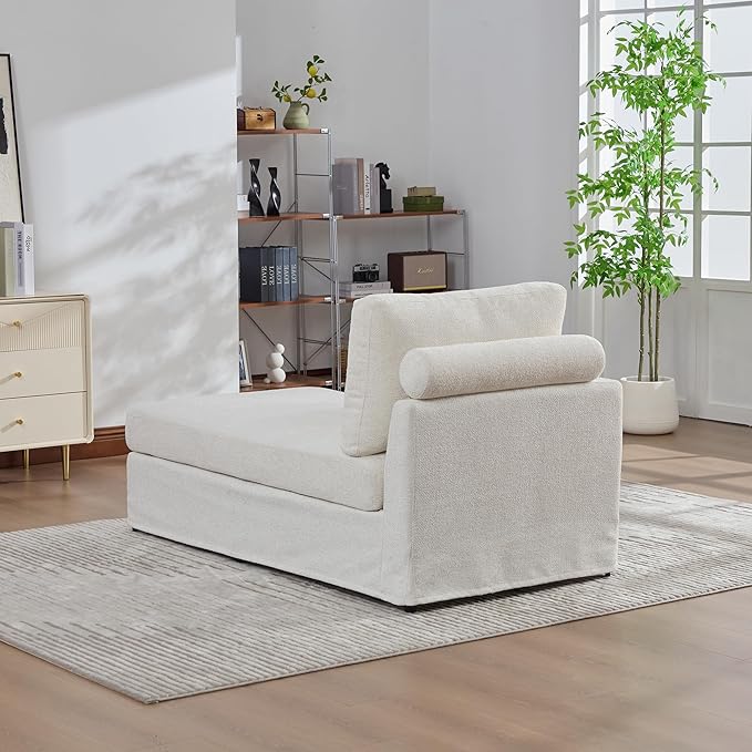 KEIKI 60" Chaise Lounge Chair Indoor, Modern Deep Seat Sofa Bed, Corduroy Couch with Cushions, Single Sleeper Chair for Living Room, Bedroom, Apartments, Lvory (Left Side)